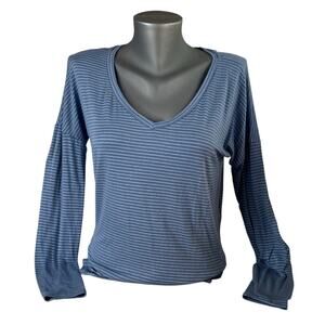 Mudd Women's Y2K Gray Blue Striped Long Sleeve Shirt Side Slit Size Small